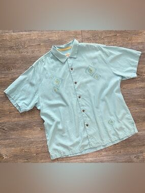 VTG Tommy Bahama 100% Silk Men’s XL Aquamarine Blue Retro Embroidery Vintage MCM